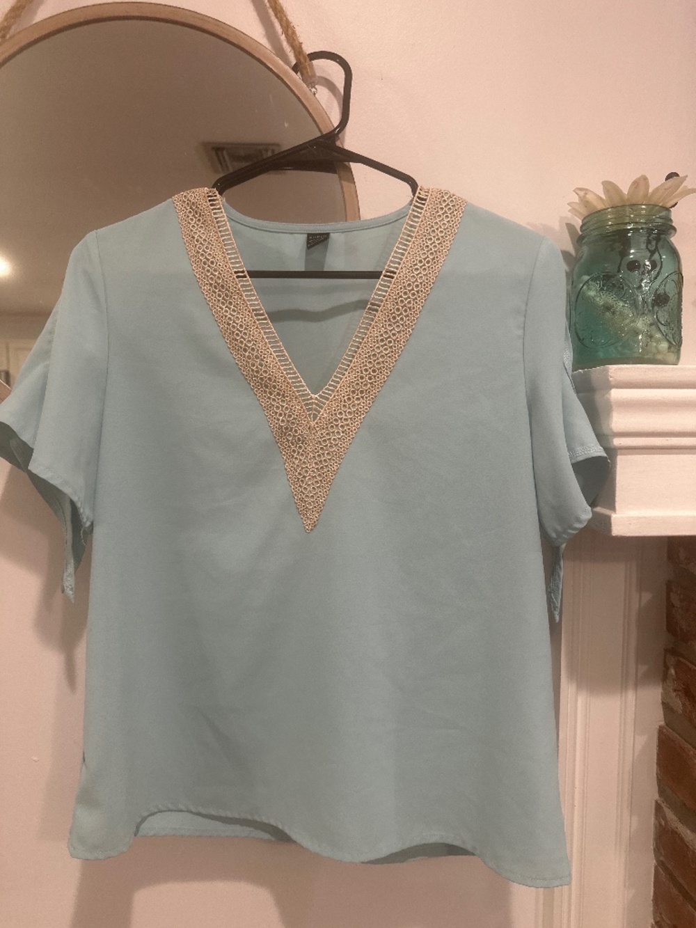 SHEIN Light Blue Lace Trim Cold Shoulder Tie Sleeve Blouse Size Small